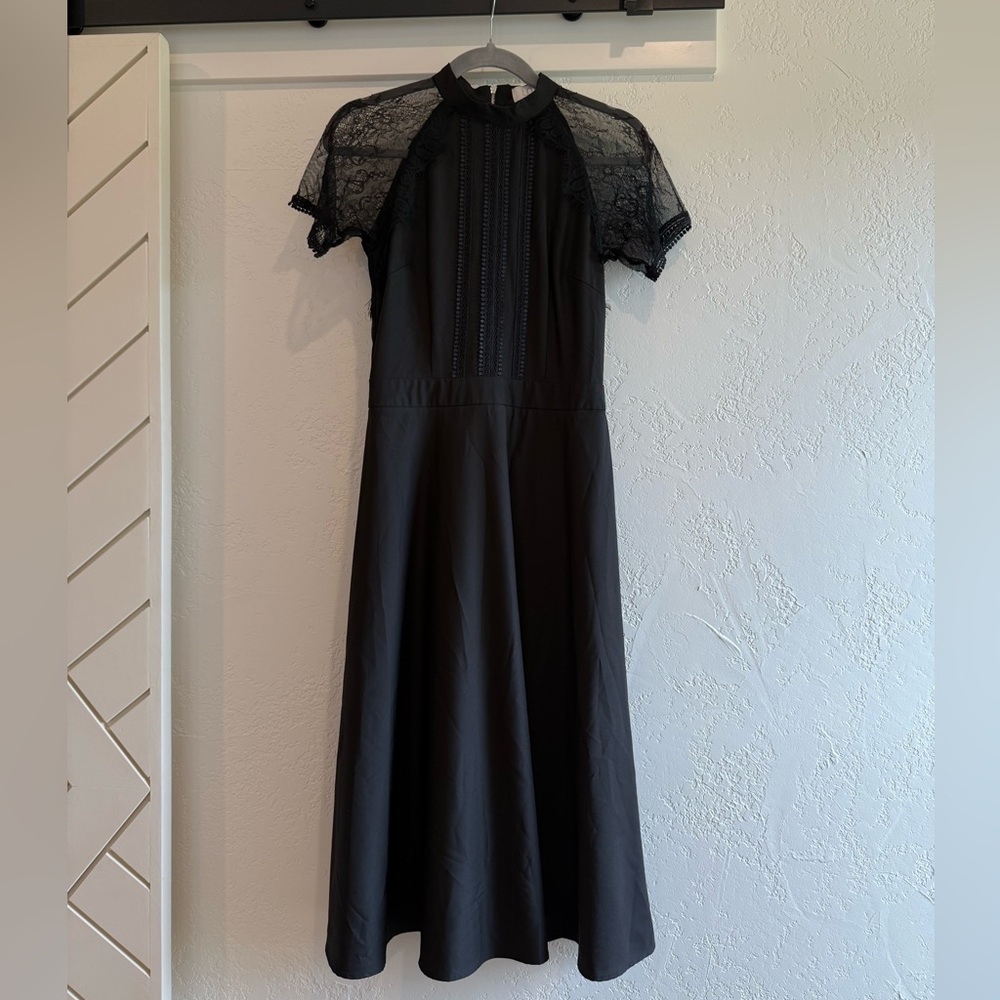 Black Lace-Sleeve Midi Dress with High Neck